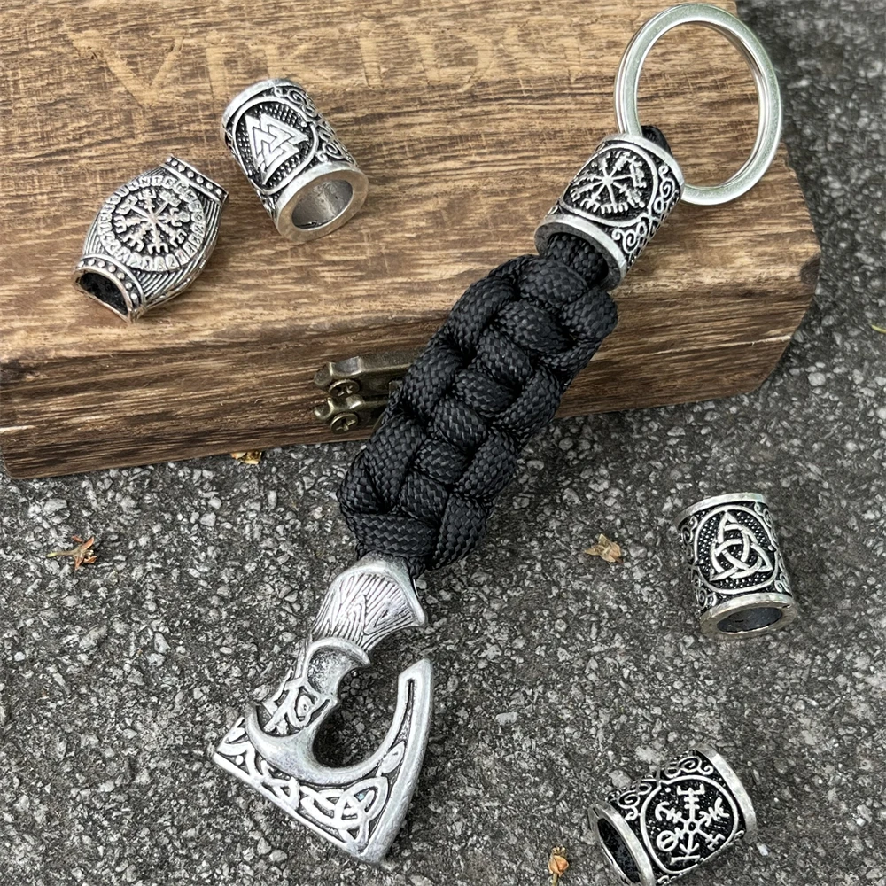 

1Pcs Ancient Slavic Perun Axe Keychain Trinity Symbol Viking Valknut Vegvisir Runic Beads Keyring For Key Wallet Accessories