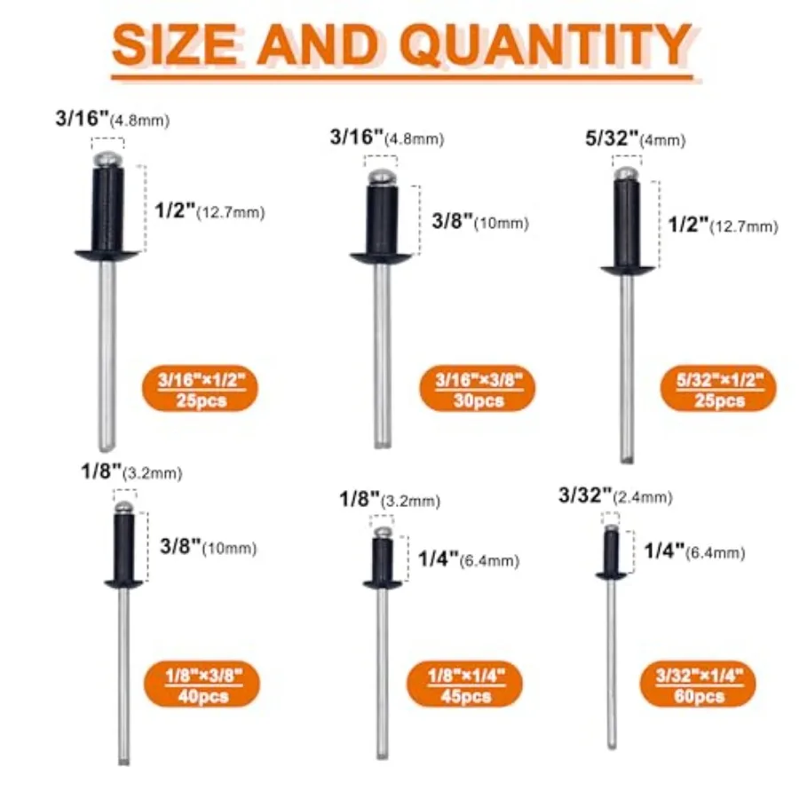 225pcs Black Aluminum Blind Rivets Assortment Kit with Heavy Duty Hand Riveter Rivet Gun Tool for Automotive Repair DI