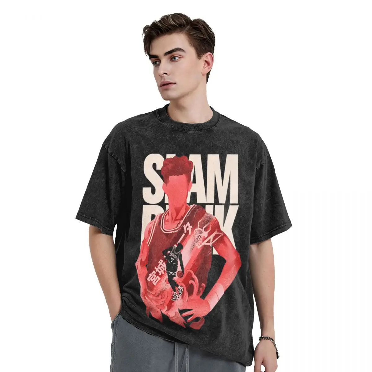 Washed T Shirts Guard Ryochin Slam Dunk T-Shirt Oversize Sakuragi Hanamichi Basketball Streetwear Cotton Tops Tees for Men Women