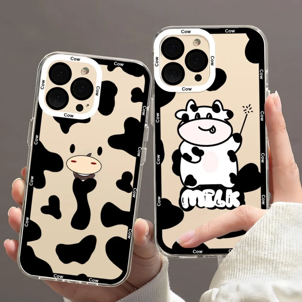 Aesthetic Cow Milk Print Phone Case For iPhone 11 12 Mini 13 14 Pro Max Transparent Shell