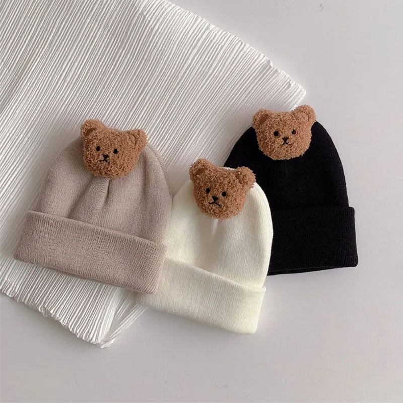 Korean Baby Autumn Winter Hat Cute Bear Knitted Warm Newborn Cap Infant Beanie Solid Color Baby Girl Boy Soft Crochet Hats