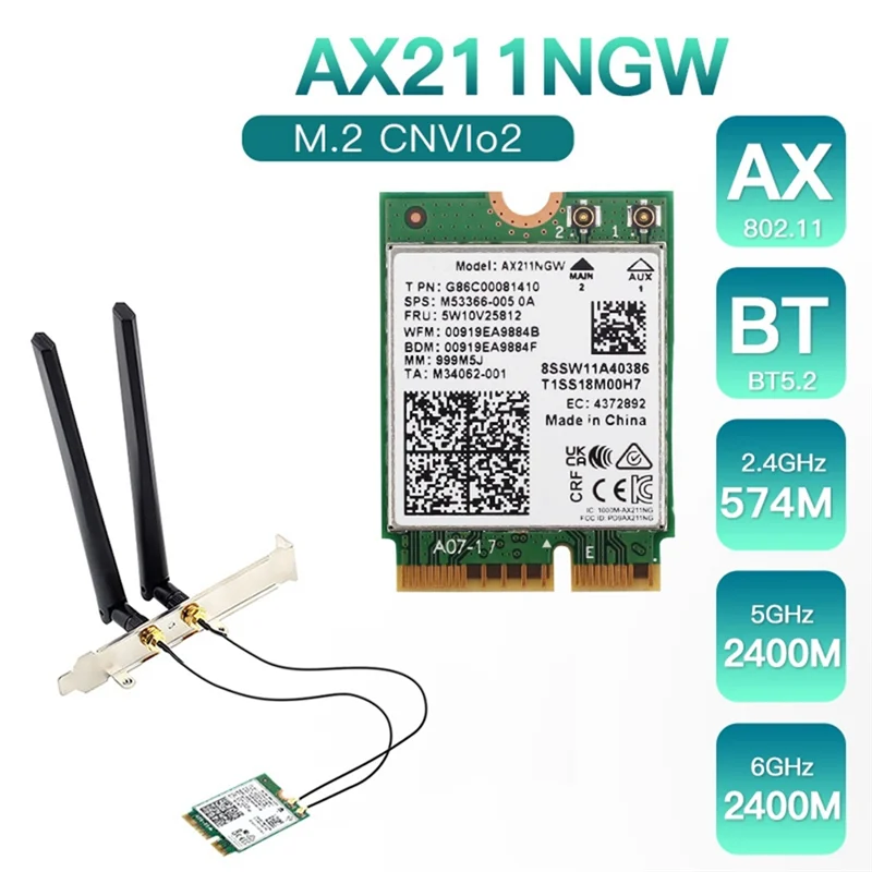 Bestseller AX211NGW+Dual Antenna WiFi 6E M.2 Key E CNVio2 2.4Ghz/5Ghz Wireless Network Card 802.11Ac Bluetooth 5.2 Adapter