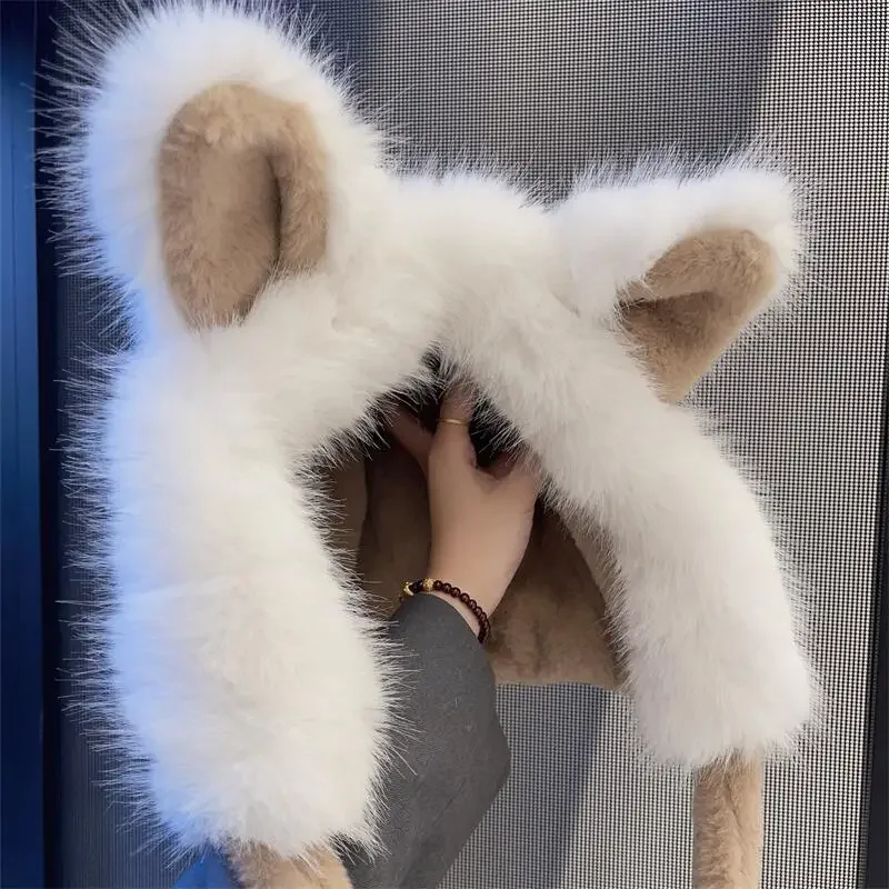 Cute Winter Thickened Fox Ears Scarf Hat Sets Women Sweet Japanese Kawaii Plush Ear Protection All-in-one Hooded Warm Gloves