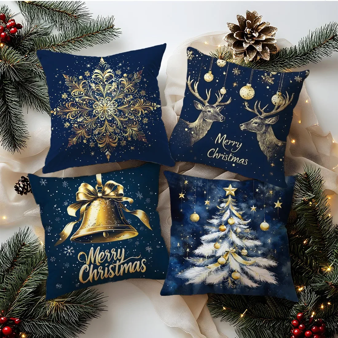 Fundas de almohada con tematici navideña: diseños de copos de nieve، cervos، campanas y arbboles de Navidad، Funda de cojín #3