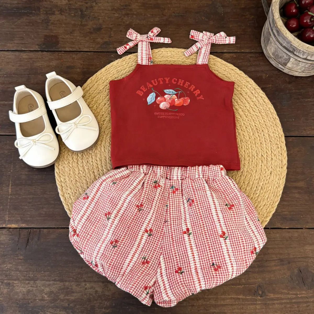 

2026 Summer New Girls Sleeveless Clothes Set Infant Cute Cartoon Print Bow Sling Tops + Striped Shorts 2pcs Suit Toddler Outfits