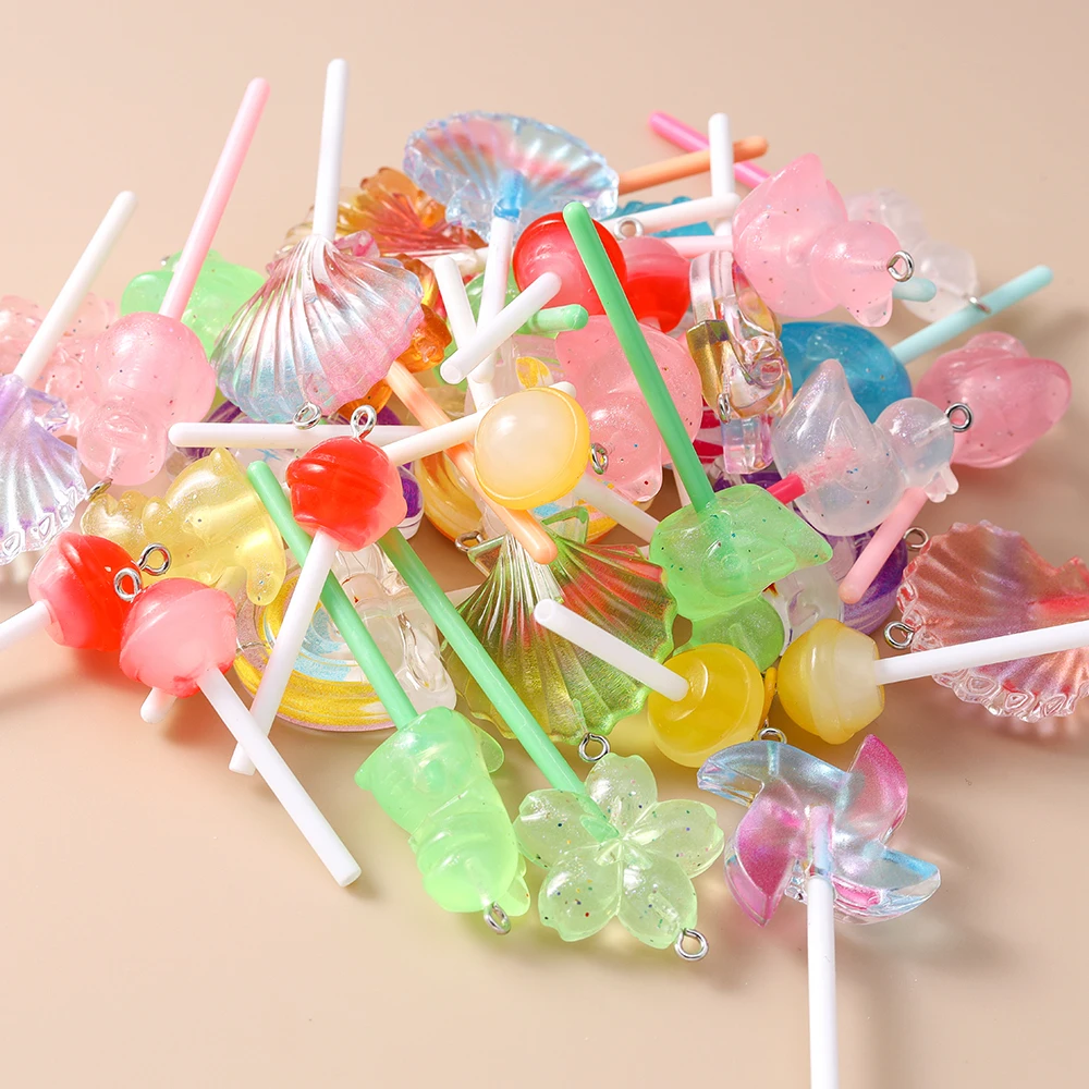 Leslie 10 Stück süße Süßigkeiten-Lutscher-Charms für baumelnde Ohrringe, Kawaii-Harz, Süßigkeiten-Lutscher-Anhänger, Schmuckherstellung, Zubehör – Detail 4