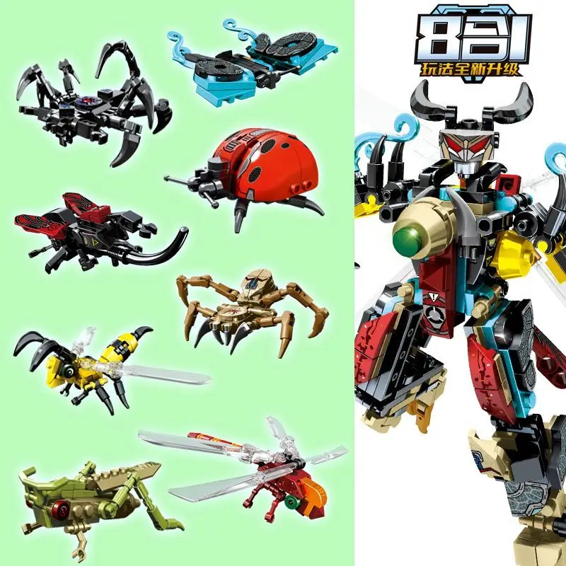 Nieuwe 8 In 1 Insectenbouwstenen Kever Neushoornkever Gecombineerd Robot Mecha Jongen Assemblage Speelgoed Educatieve Hobby Kinderen