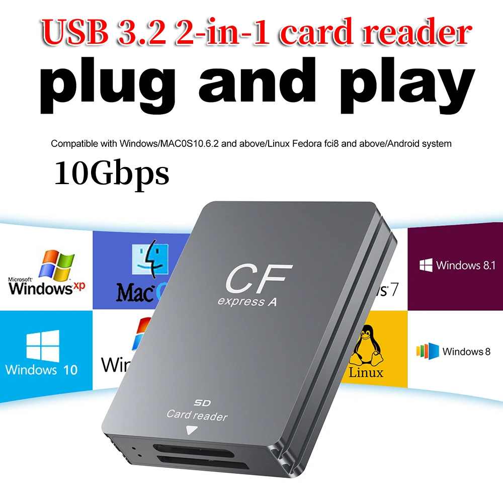 2-in-1 CFexpress Type A &SD Card Reader Cardreader Adapter Dual-Slot CFexpress Reader Support for Android/Windows/ OS for SLR
