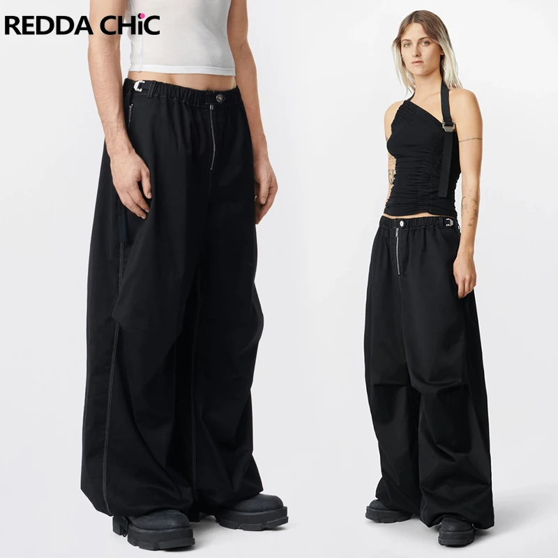 REDDACHiC Solid Black Parachute Sweatpants Women Y2k Pleated White Seamed Elastic Waist Slacks Oversize Casual Wide Leg Trousers