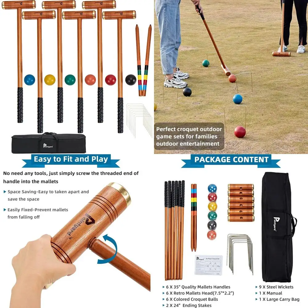

Набор для крокетов Pointyard 35 дюймов для шести игроков, роскошный [стиль Annatto в стиле ретро] Набор для крокетов с деревянными молотками/цветным шаром/кидками f