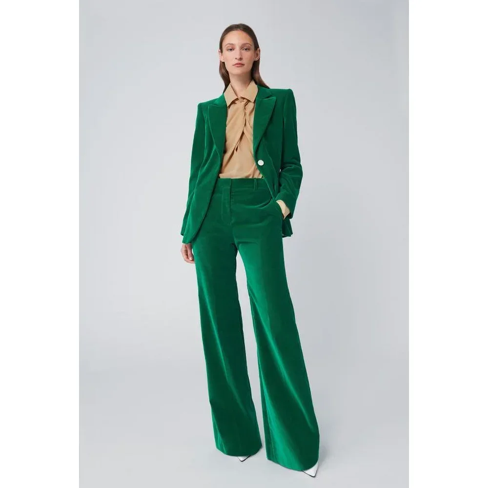 Elegant Green Velvet Pants Set Fashion Peak Lapel One Button Women Suit 2 Piece Formal Casual Office Lady Sets for Women 2 Piece