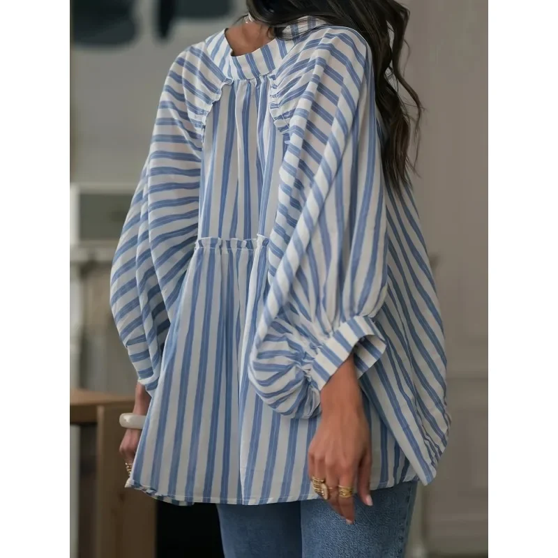 플러스 사이즈 1XL-5XL 신상 여성 스트라이프 루즈 셔츠 블라우스 여성 긴팔 캐주얼 O넥 버튼 루즈 셔츠 탑