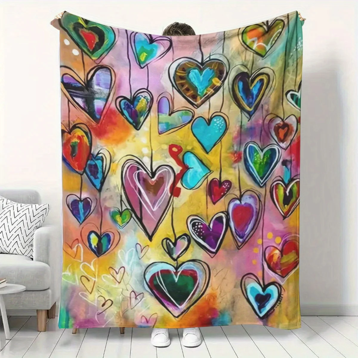 Abstract Art Multicolor Graffiti Love Hearts Vibrant Painting Style Pattern Flannel Blanket Warm Cozy Printed Throw Blanket
