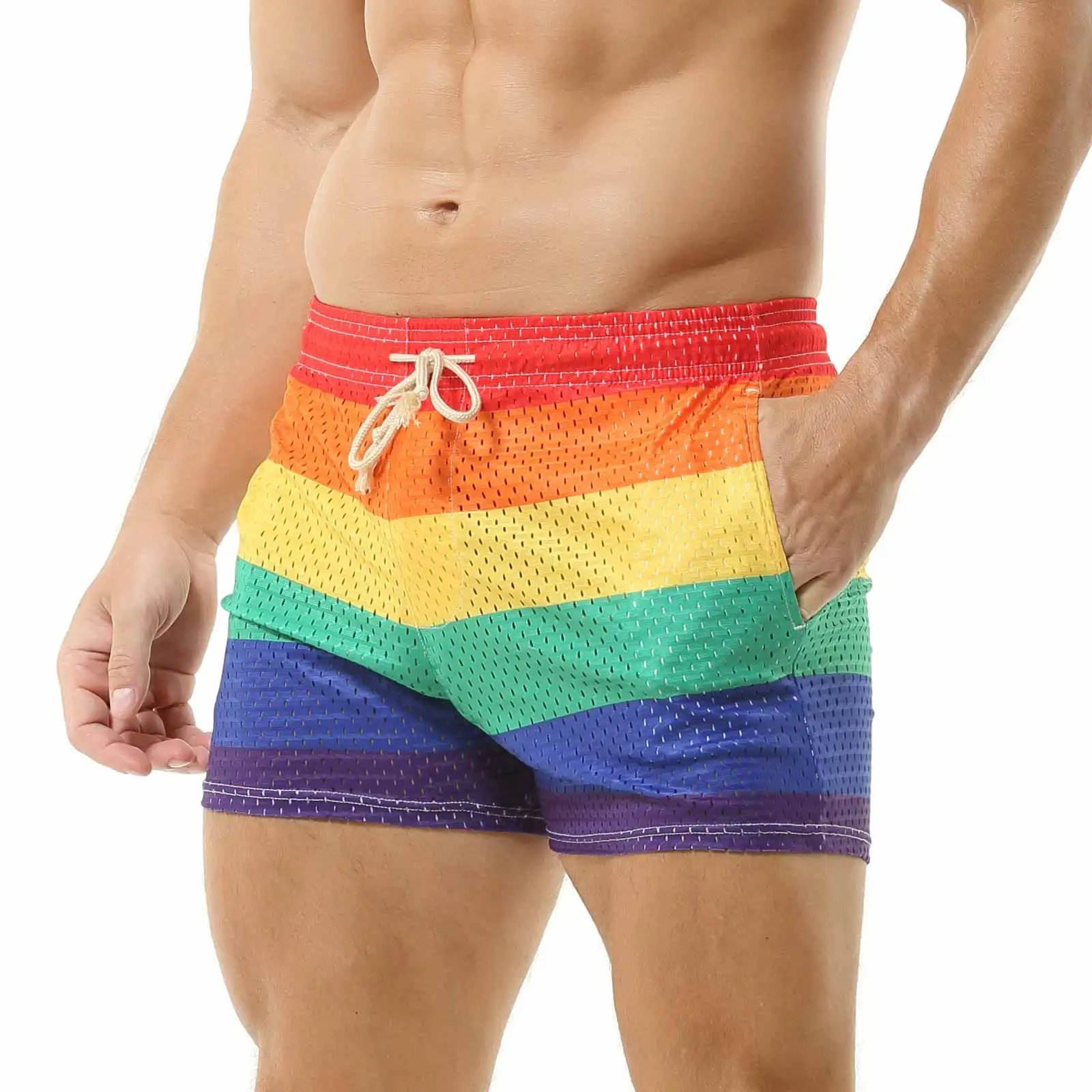 CLEVER-MENMODE Men\'s Rainbow Casual Shorts Pocket Loose Thin Home Shorts Beach Boxers Tether Mesh Breathable Panties