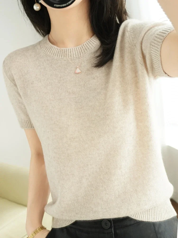 2024 Spring Summer Womens Sweater Short Sleeve O-neck Slim Fit Knitted Pullovers Bottoming Casual Knitwear Camel Pink Clothes