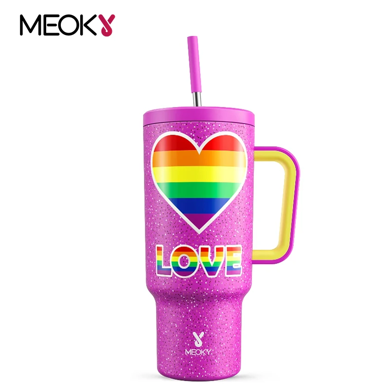 Meoky 40oz New Big Straw Cup Stainless Steel Thermal Insulation Pride Month Love Prints Double Wall Leak-Proof Water Bottle