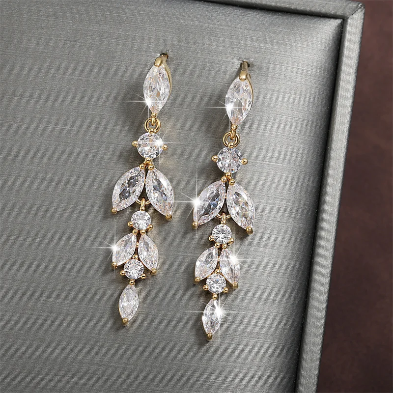 ZAKOL Elegant Leaf Cubic Zirconia Drop Earrings for Women Shiny CZ Bridal Long Earring Wedding Stylish Jewelry