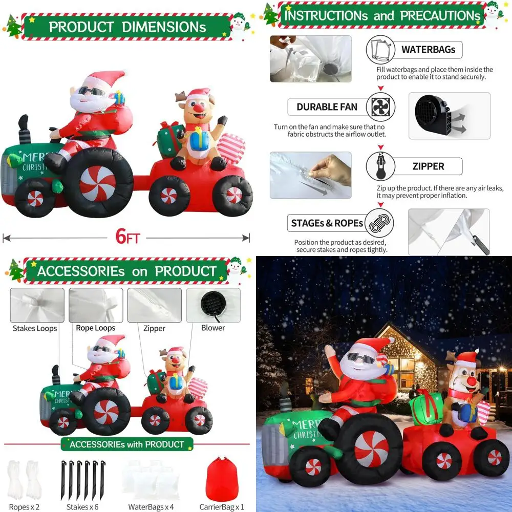 

Giant 6FT Santa Tractor with Reindeer Inflatable, Outdoor LED Lighted Christmas Lawn Decor