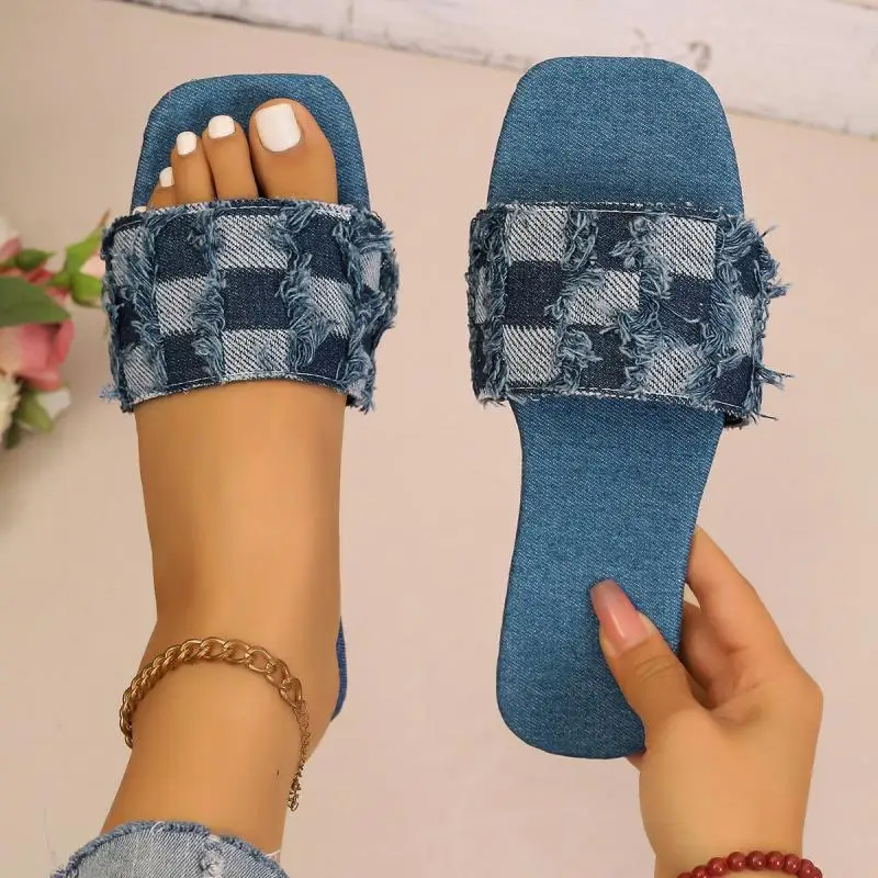 Blaue Denim-Karo-Sandalen mit flachem Absatz für Damen, Sommer, Übergröße 36-43, Sandalen mit quadratischer Zehenpartie, Streetwear, weiche Sohle, Slipper – Detail 2