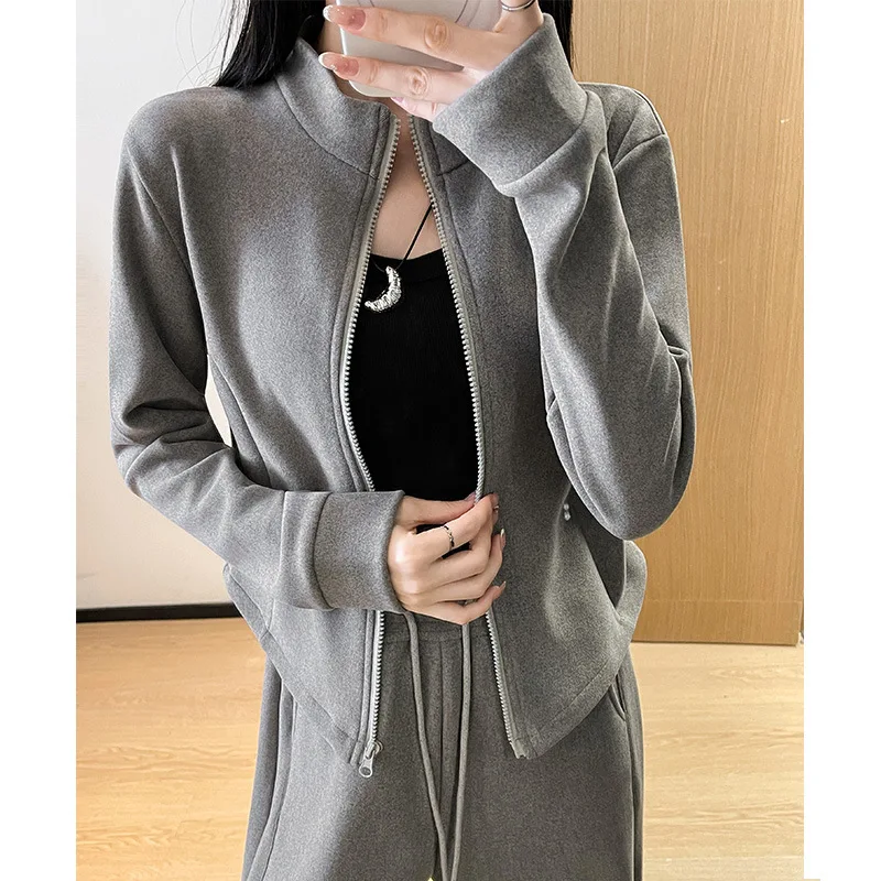 Solid-color Home Wear Set Grey Sports Suit Women's Spring Fall New Cashmere Sweater Jacket Casual Pants Two-piece Set Lazy Style