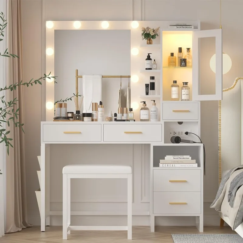 Makeup Vanity Desk with Mirror and Lights, White Vanity Desk with Charging Station, LED Cabinet, 5 Drawers & Storage Bag