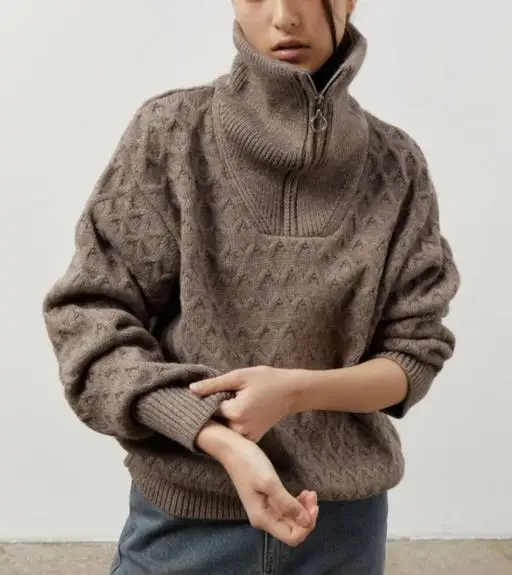 Herbst und Winter 2025, Damen-Pullover, lässig, einfach, einfarbig, Stehkragen, Reißverschluss, Diamant-Jacquard, locker gestrickt, langärmelig