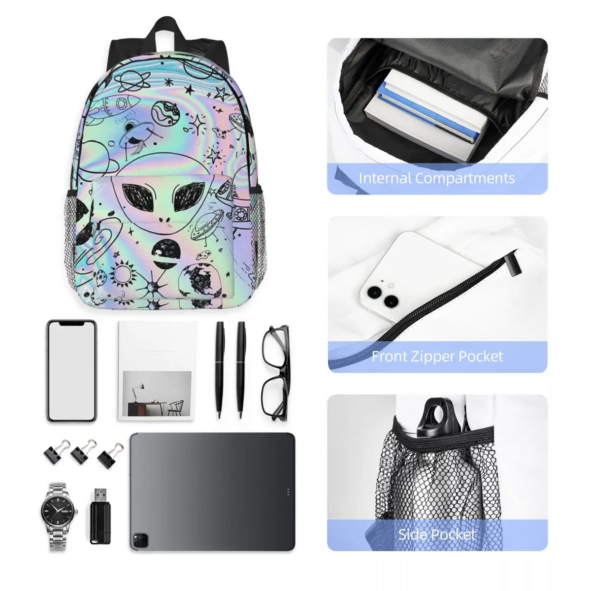 Wonderful Green Alien Universe Wondrous Cosmos With Planet And Stars Backpack Daypack BookBag Shoulder Bags School Bag