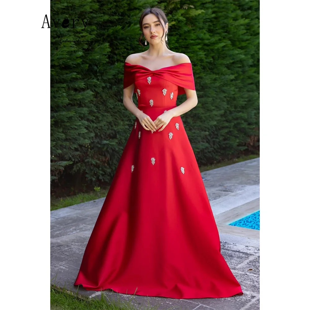 Avery personalizado rojo Rhinestone una línea fuera del hombro vestido de Gala vestidos de noche elegantes para mujer vestido de baile de lujo vestido de fiesta