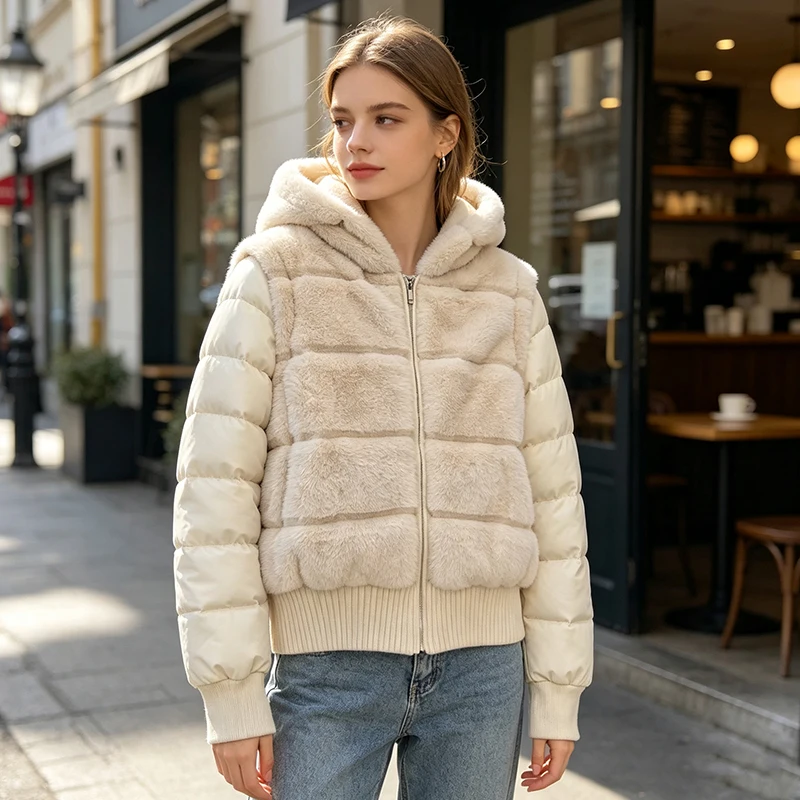 Ladies 2 In1 Hooded Quilted Puffer Coat Removable Sleeves Faux Fur Trim Warm Winter Cropped Zip Outer Garment With Hand Pockets