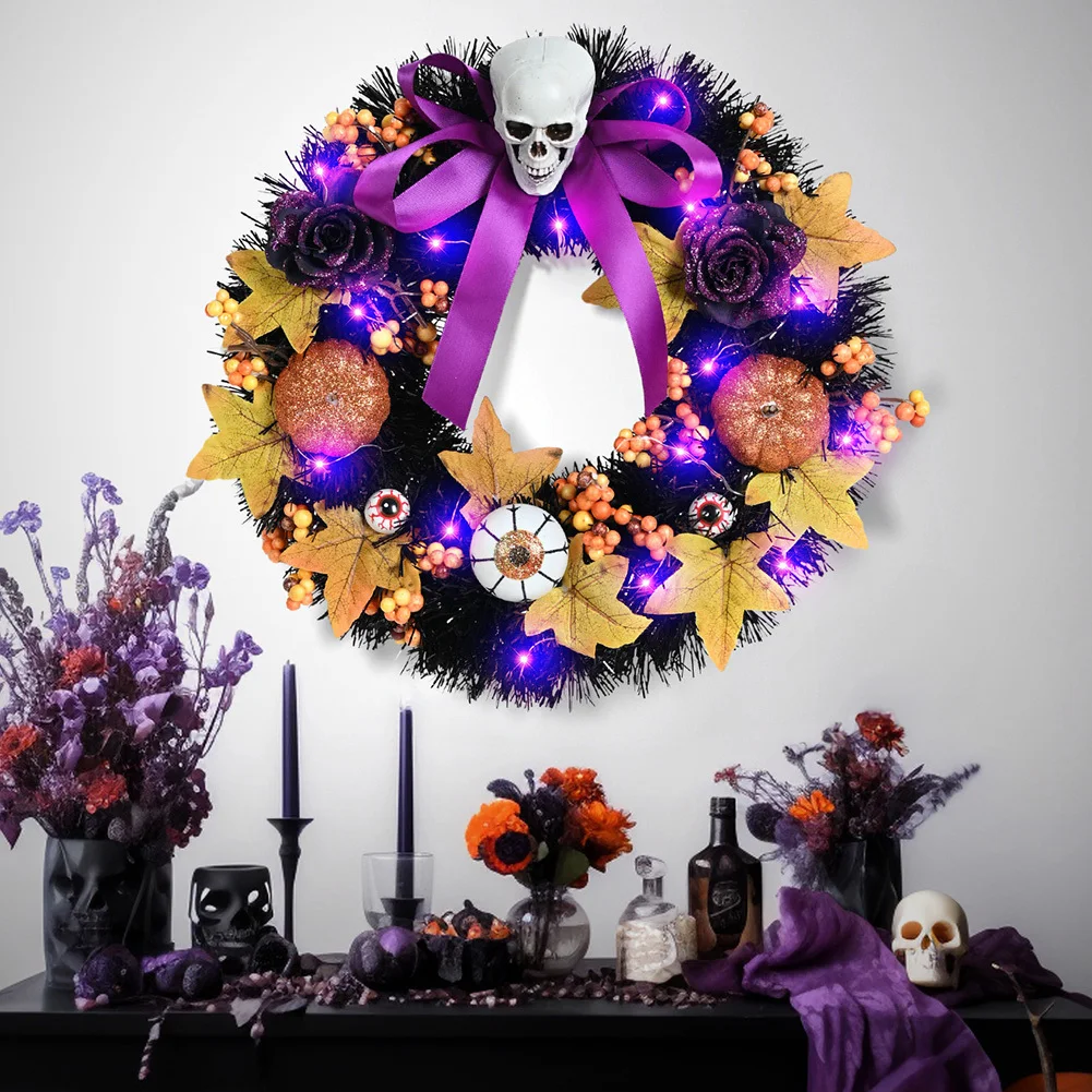 Halloween Wreath For Front Door With Lights 15 Inch Pumpkin Skull Wreath Halloween Decoration For Indoor Outdoor Home Decor