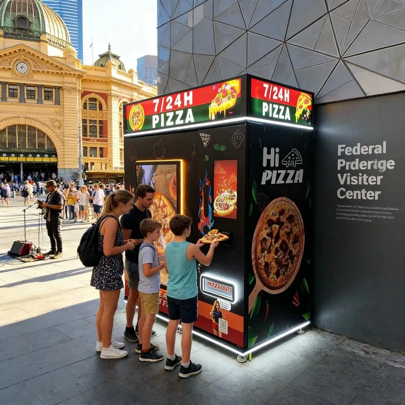 Commercial automated pizza vending machine with rail system, multi-flavor, user-friendly SDK
