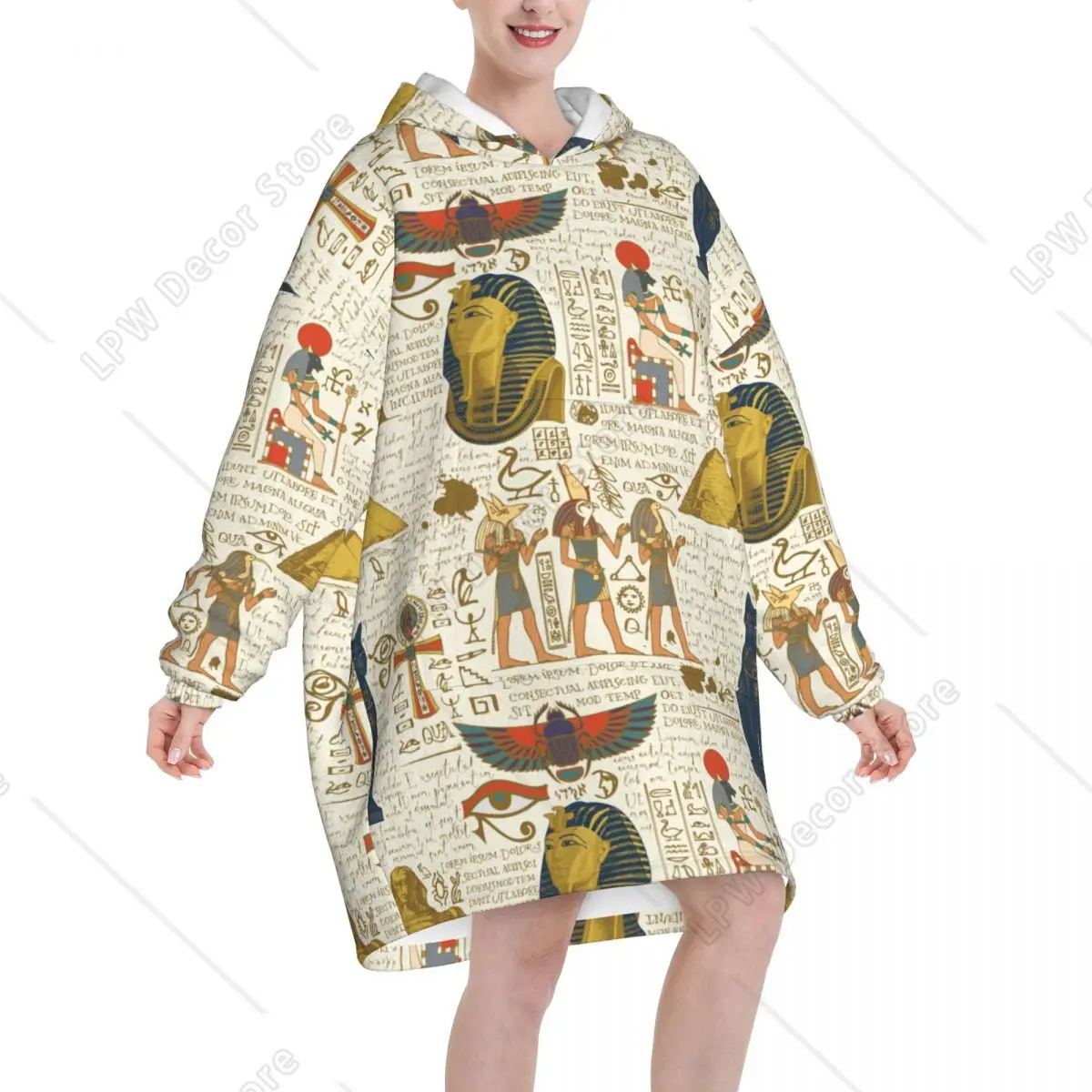 Ancient Hieroglyphs Egypt Gods Blanket Hoodie Oversized Wearable Egyptian Mural Pharaoh Sweatshirt Blanket Warm Gifts for Women