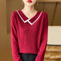 Autumn Winter Women Merino Wool Sweater Irregular Contrasting Doll Collar Pullover Cashmere Knitwear Long Sleeve Bottoming Tops