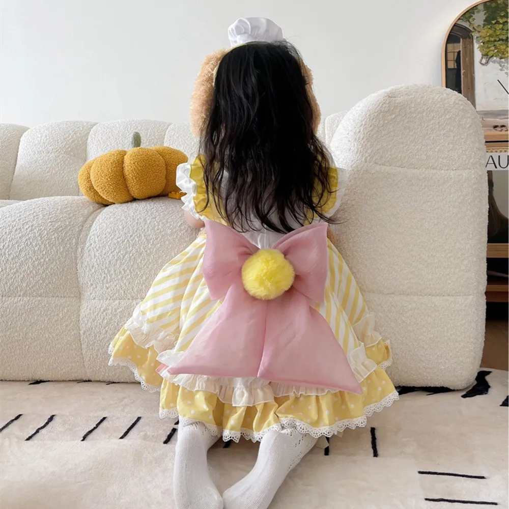 Baby Girl Spanish Yellow Dresses Boutique Lolita with Big Bow Infant Princess Dress Newborn Birthday Christening Party Ball Gown