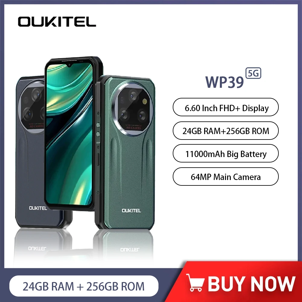 Oukitel WP39 5G 견고한 휴대폰, 6.60 인치 FHD + 24GB(6 + 18)+ 256GB 스마트폰, 안드로이드 14 64MP 카메라, 11000mAh 배터리 휴대폰 NFC 