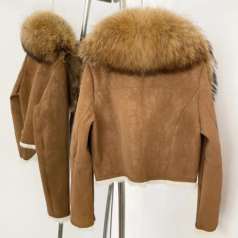 高品質アライグマの毛皮の襟スエードコート女性のウサギの毛ライナーショートジャケット秋冬モトバイカーアウターストリートウェア