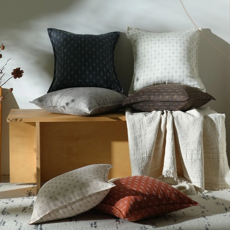 

2-piece Cotton Linen Plaid Pillow Covers Modern Luxury Double-sided Jacquard Cushion Cover Square Home Edge Hugging Pillowcase