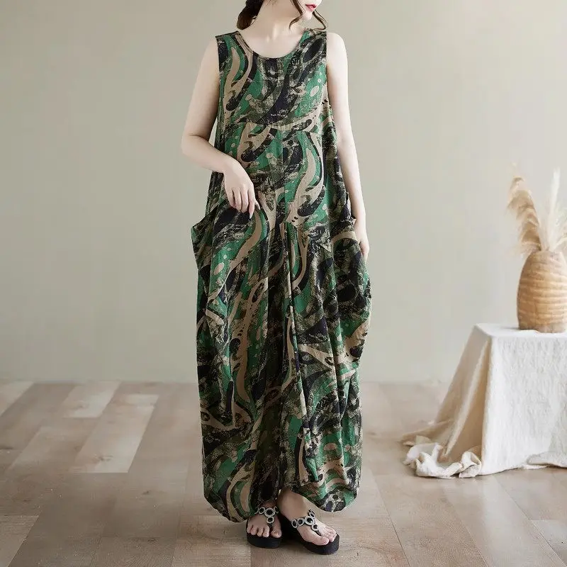 Abito estivo da donna con stampa etnica vintage - Abito maxi senza maniche snellente oversize dalla vestibilità ampia, abbigliamento da spiaggia Boho casual G921