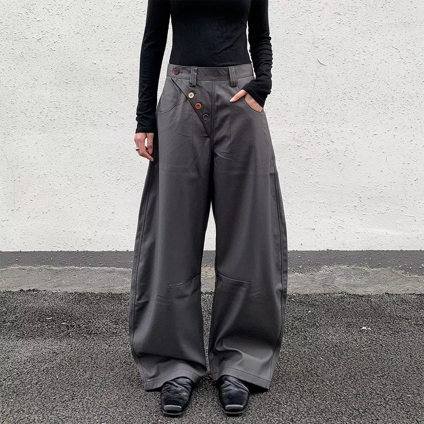 

American Sle Wide Leg Crop Pants Button Retro Trousers Casual Loose Fit Slimming Long Cotton Polyester Blend