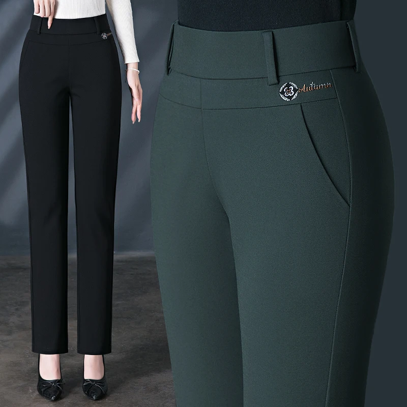 Damskie spodnie o średniej rozciągliwości Plus Size do pracy biurowej, z kieszeniami i prostym krojem （M-6XL)