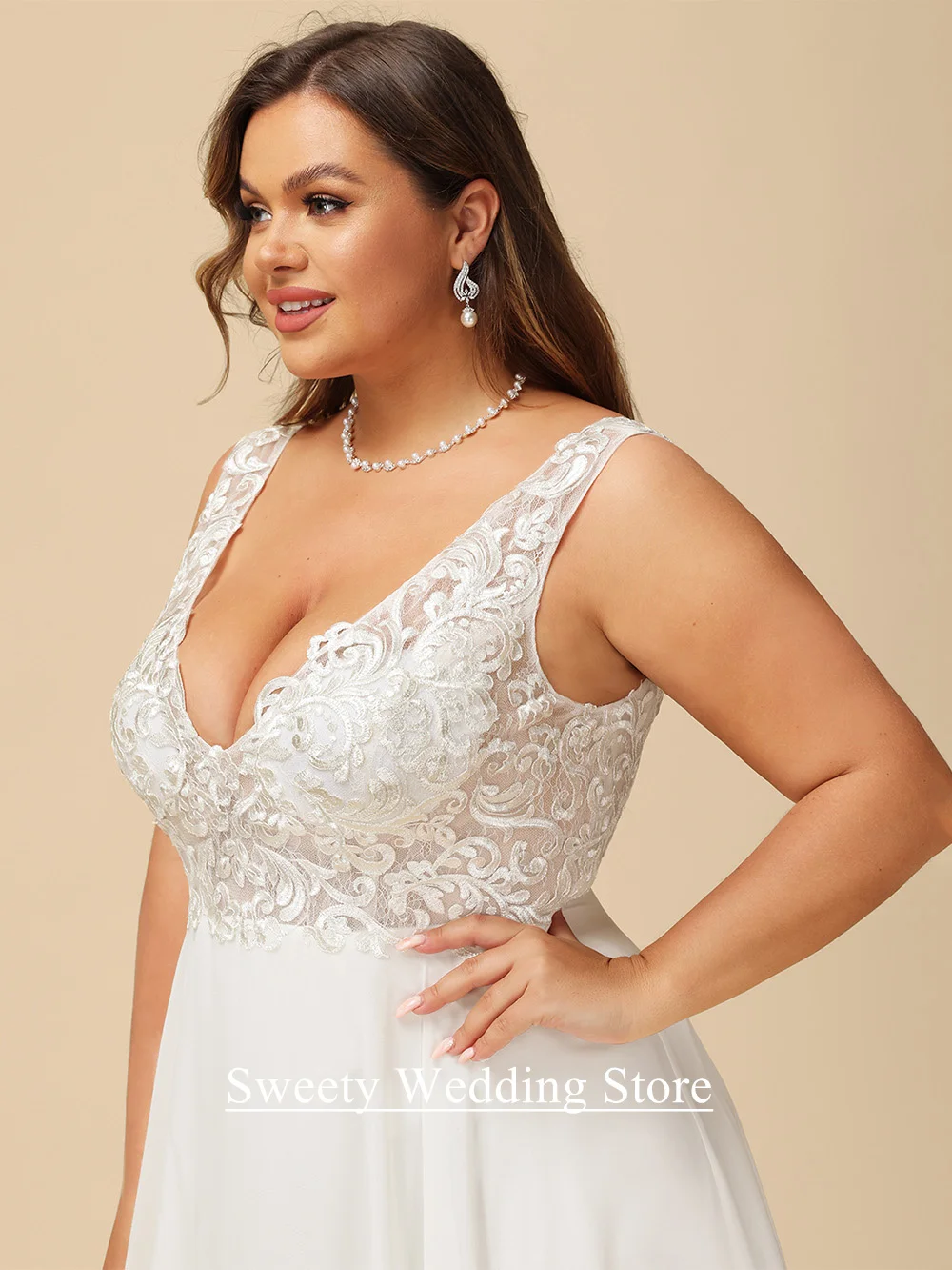 فستان زفاف العروس الحامل بالإضافة إلى حجم مخصص بلا أكمام عميق الخامس الرقبة الدانتيل زين انظر من خلال فستان زفاف الشاطئ الشيفون