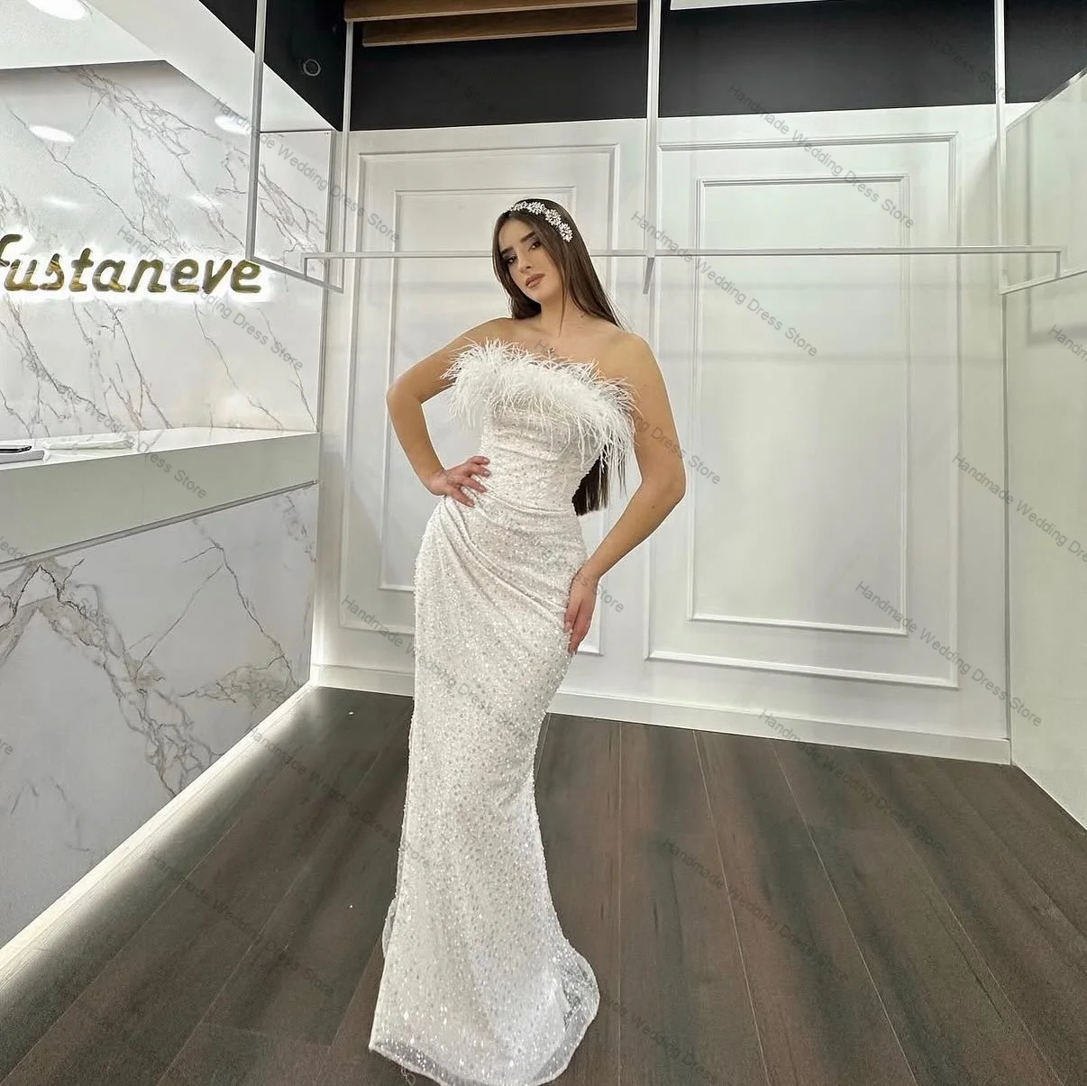 

White Pearls Feather Prom Dress Strapless Sleeveless Bridal Evening Gown Customized Lace Up Back Guest Long Boho Beach Robe