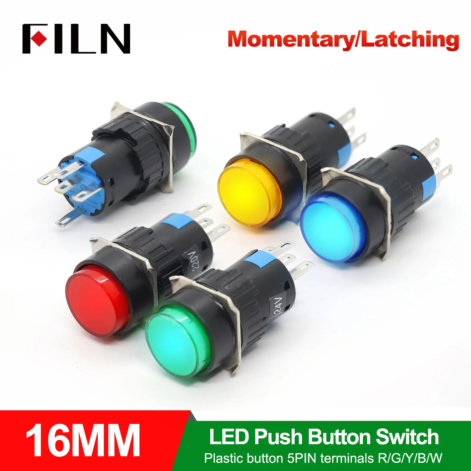 FILN 16mm LED Push Button Switch Momentary/Latching Plastic Button with 5pins Red Green Blue 12V/24V/220V Industrial Equipment