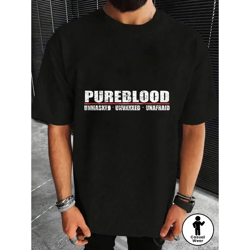 T-shirt à motifs pour hommes, un t-shirt décontracté à coupe ample sur le thème du sang pur, sans masque, non vacciné et sans peur
