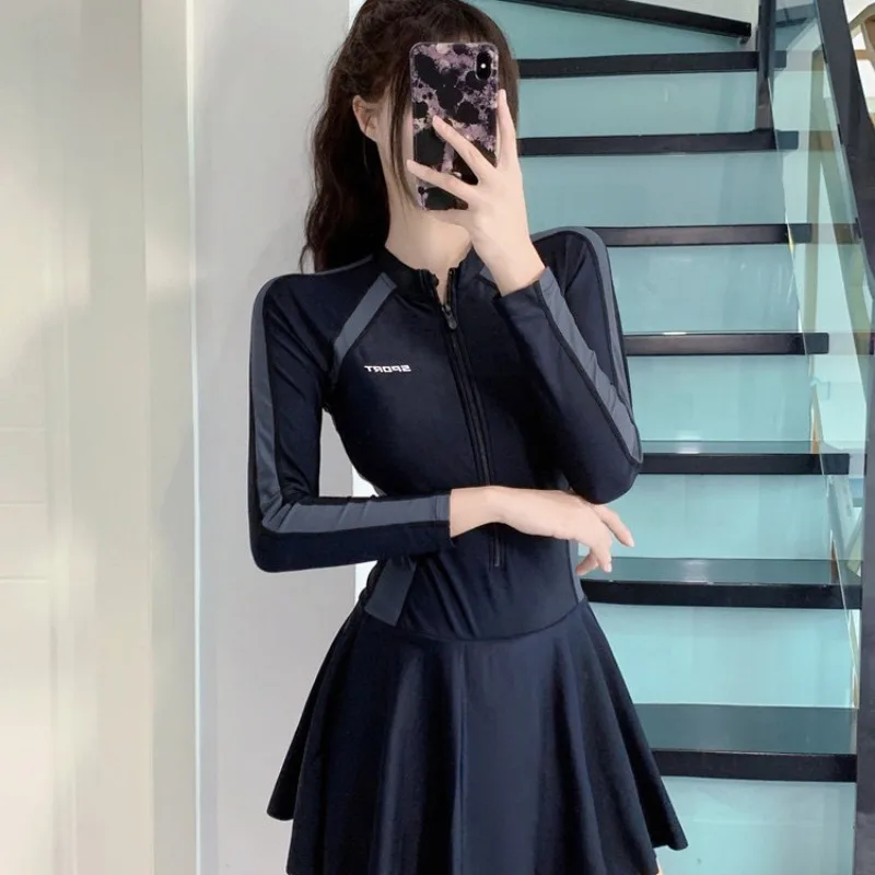Women's Front Zip Skirted One-Piece Swimsuit Long Sleeve Color Block Rash Guard Tummy Control Bathing Suit for Swimming