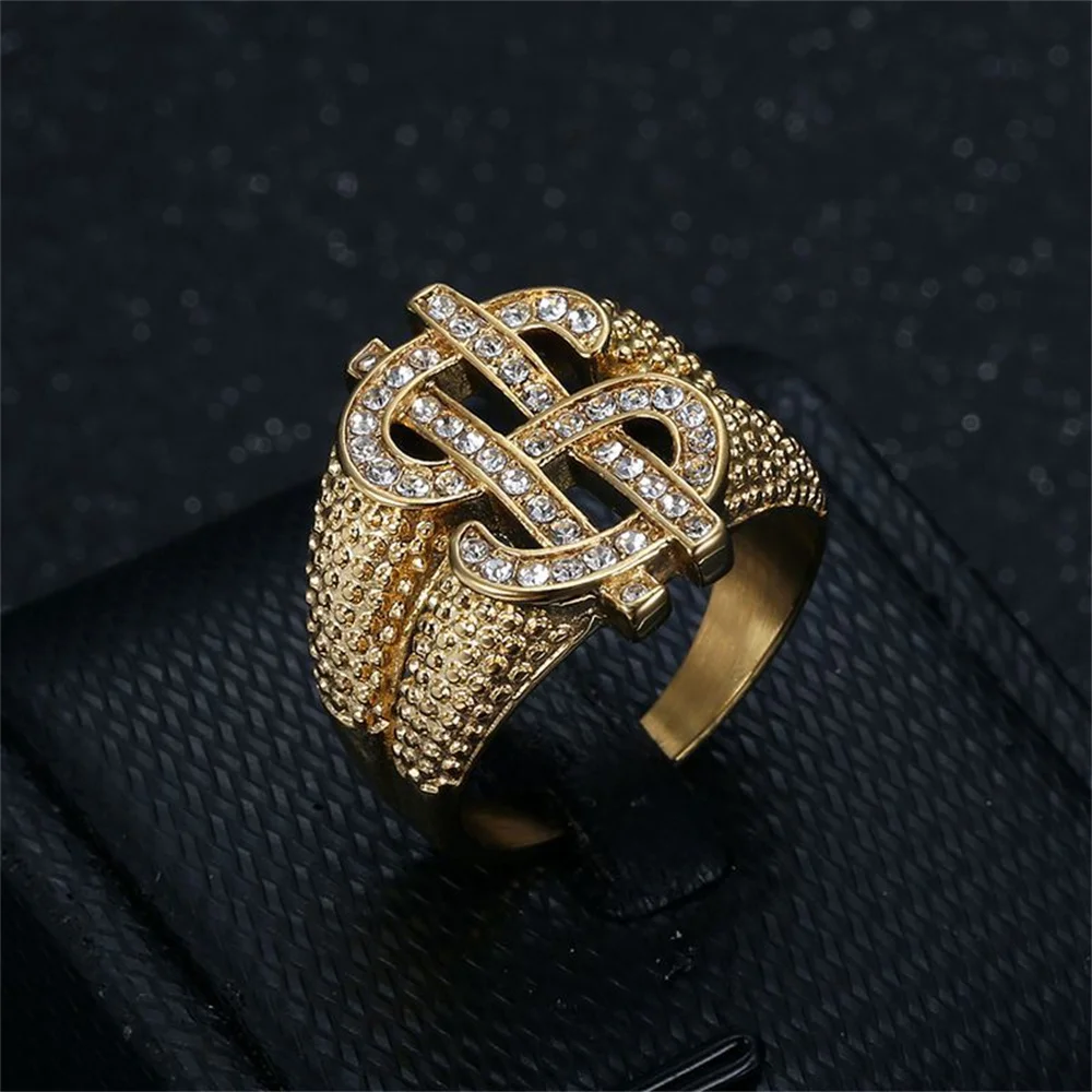 

Hip Hop Iced Out Bling Dollar Sign Ring Wholesale Gold Color Stinless Steel CZ Money Rapper Big Rings For Men Party Jewelry Gift