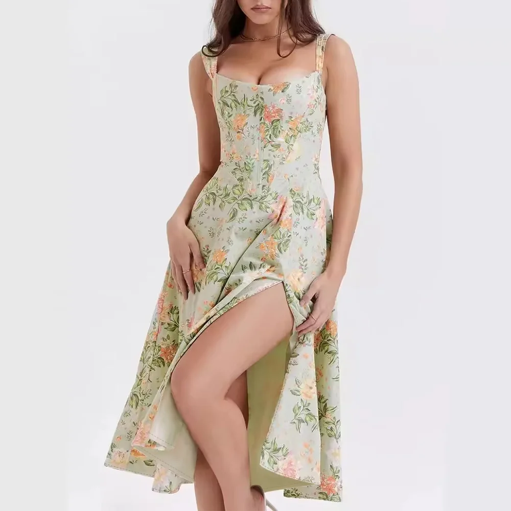 Vestidos Primavera Verano moda elegante abertura lateral Floral sin mangas cuello cuadrado Midi vestidos con adornos de lechuga para mujer