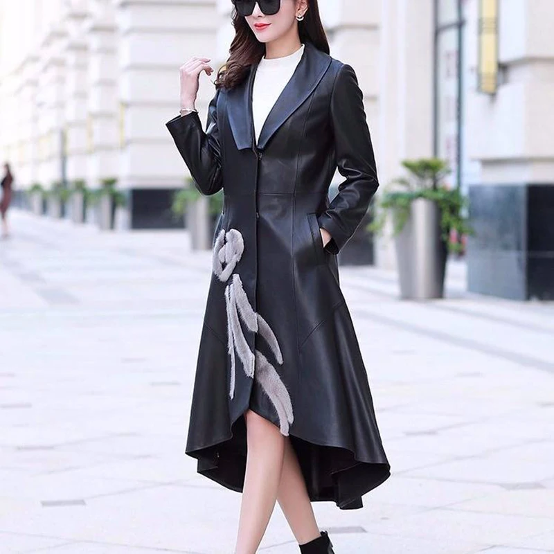 Women Jacket Autumn/Winter Slim Natural Genuine Sheepskin Leather Shearling Long Trench Coat