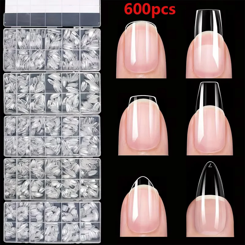 600 morceaux d'autocollants pour faux ongles à couverture complète, style aiguille, en forme d'amande, de forme carrée, pointue, de style français, autocollants d'extension pour ongles en gel amovibles dans l'emballage en capsules