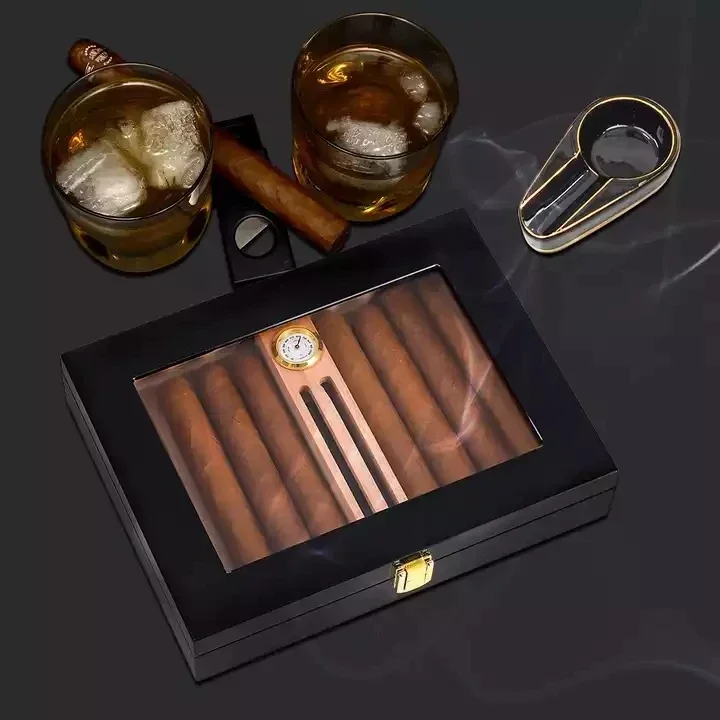 Cigar Humidor Box  Mini Portable Glass Top Handcrafted Cedar Wooden Cigar Cigarette Case with Hygrometer and Humidifier view 4